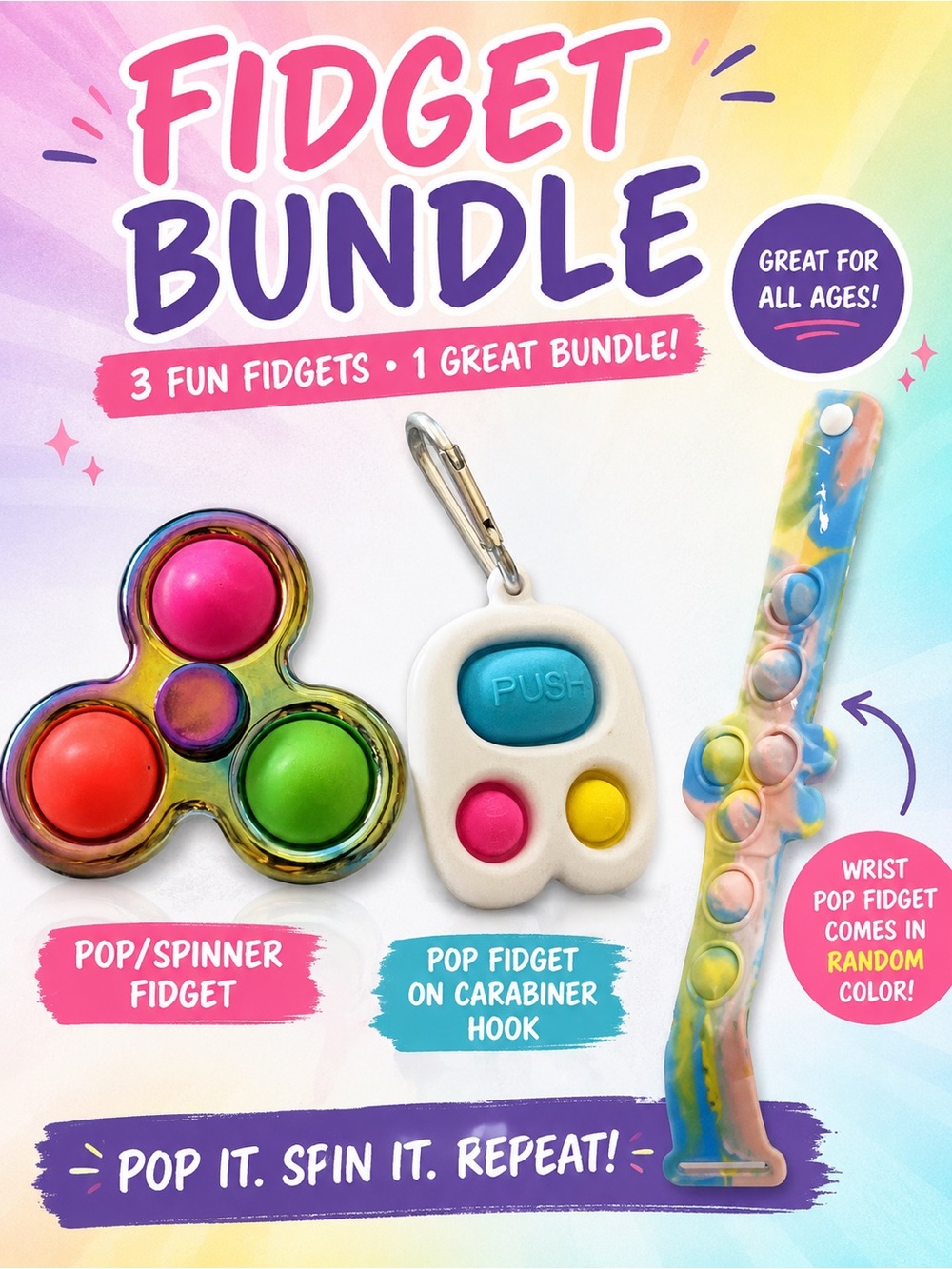 Fidget Bundle Pack – Multi-Color Kids Pop & Spinner Toys
